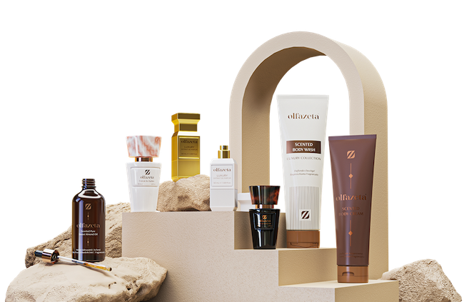 Olfazeta Parfums und Körperpflege auf hellen Podesten