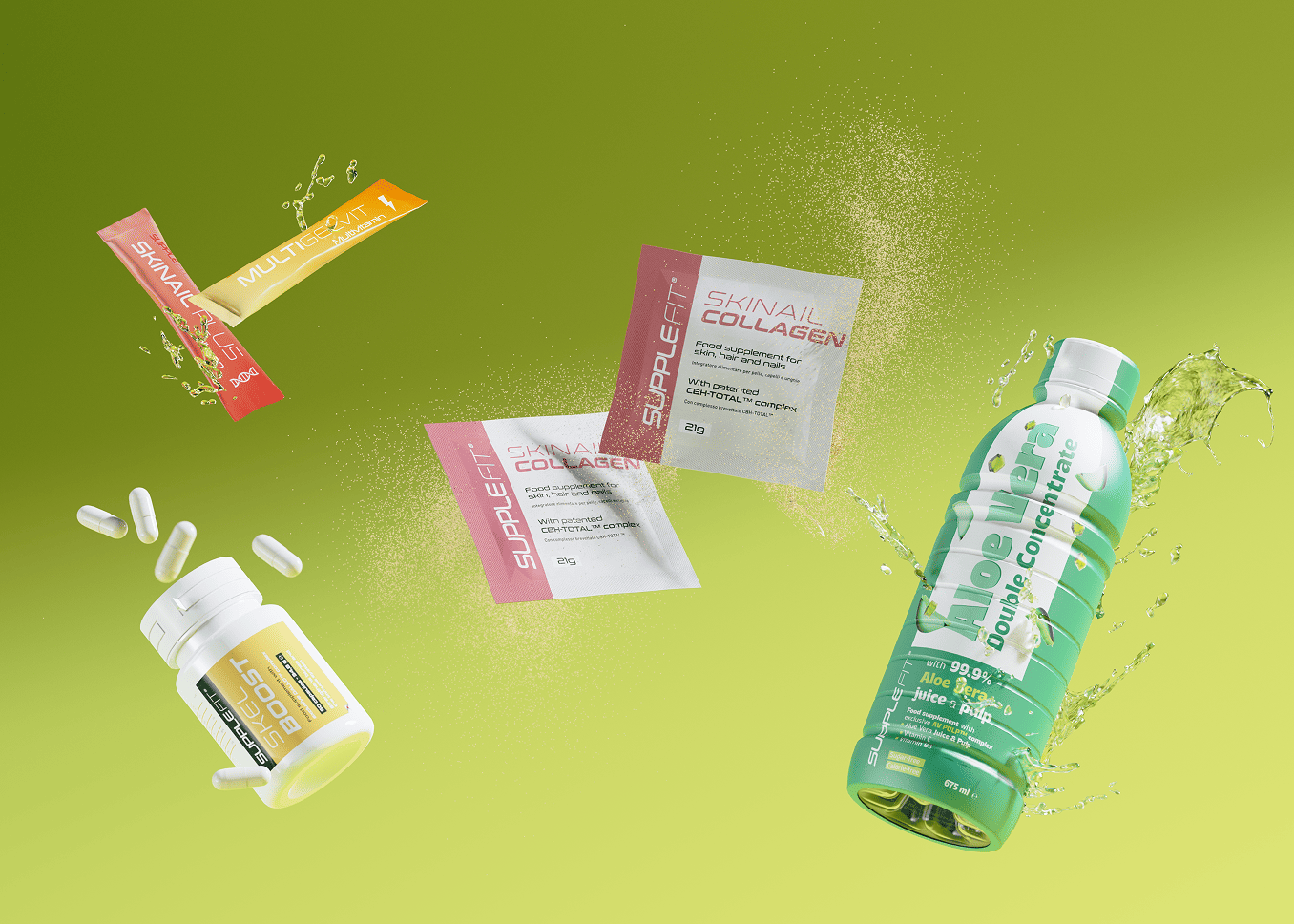SuppleFit Produktauswahl mit Kapseln, Sticks und Aloe-Vera-Getränk